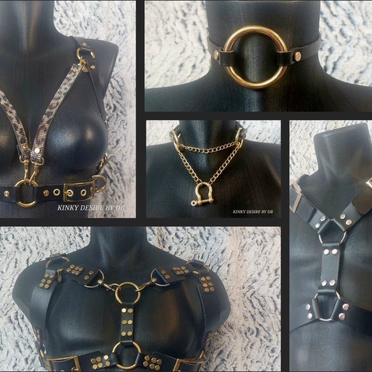 Classic Leather Line Bild von Lederharness mit Messing, Strassbesatz in Leo Optik, Choker mit O-Ring
